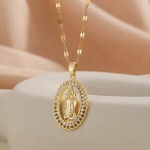Gold Plated Virgin Mary Necklace CZ Diamonds Lady of Guadalupe Birthday Gift NEW